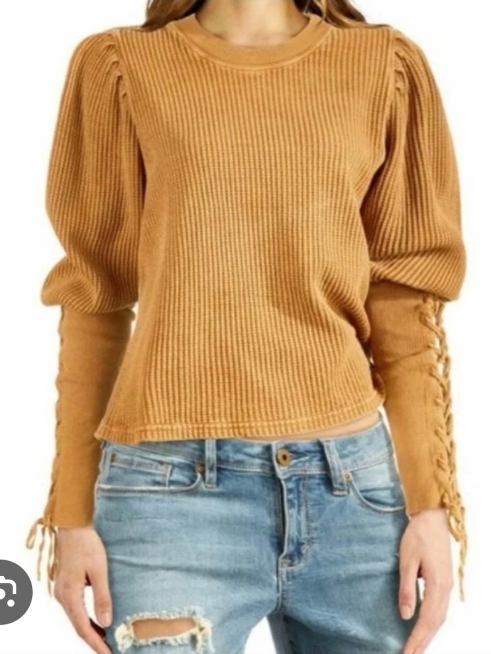 FP One free people Yellow long knit puff sleeve lace sleeve tasha thermal top s